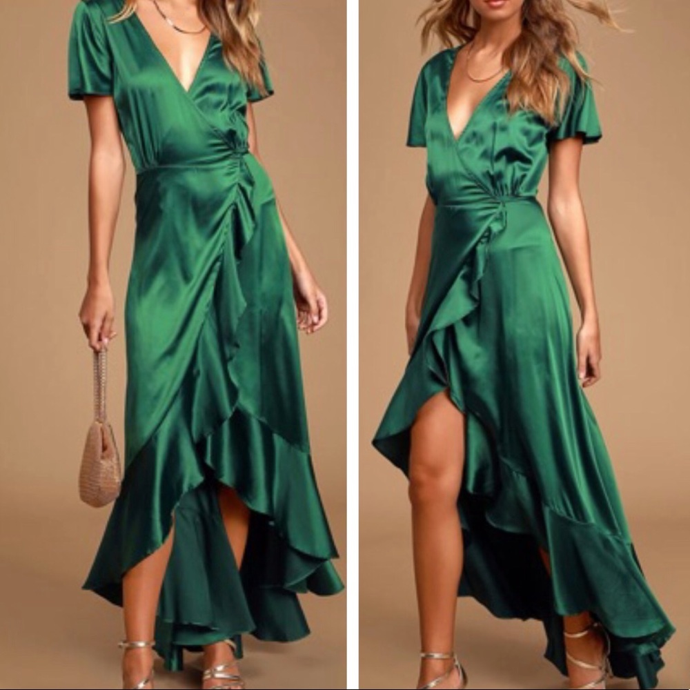 Love Of Your Life Green Satin Wrap Maxi Dress